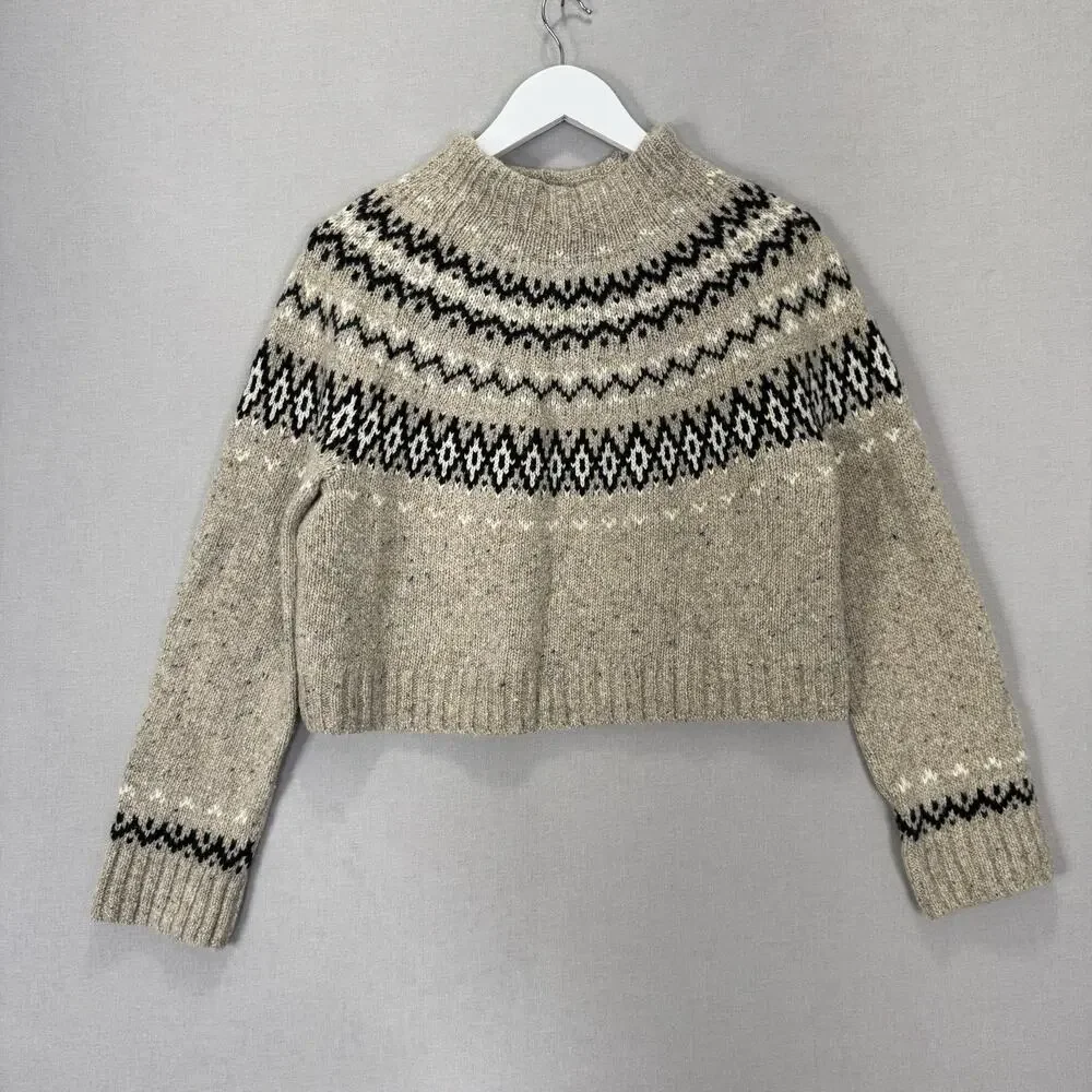 J.Crew Fair Isle Wide Mockneck Sweater Womens Small Beige Wool Blend Nordic Boho
